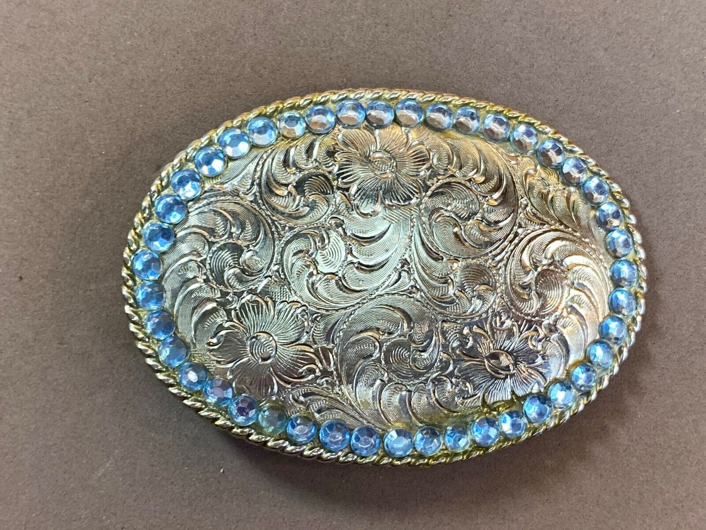 Beautiful Etched Western Swirl Belt Buckle Taiwan Roc With Blue Rhinestones
