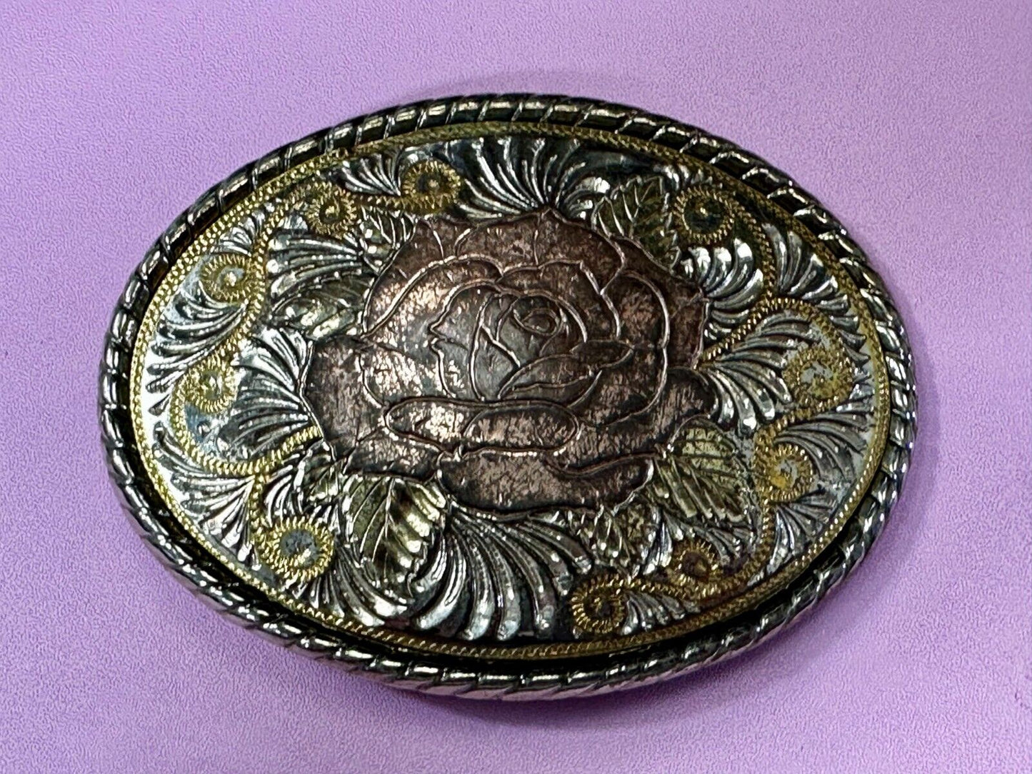 Beautiful Rose Flower Swirl Etched Design Mixed Metal Belt Buckle by W