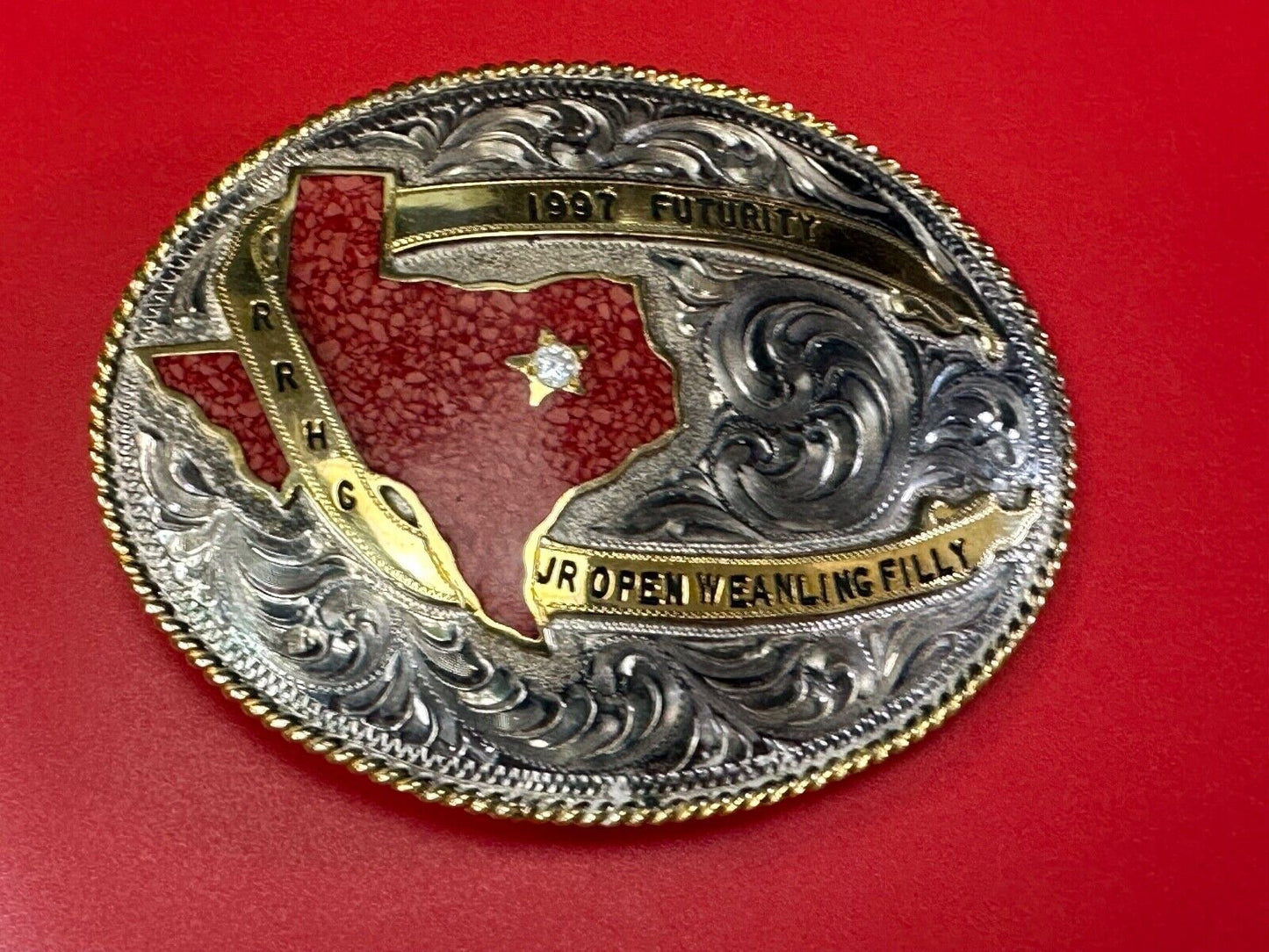 TEXAS Inlaid Coral Chip JR Open Weanling Filly 1997 Futurity Trophy belt buckle