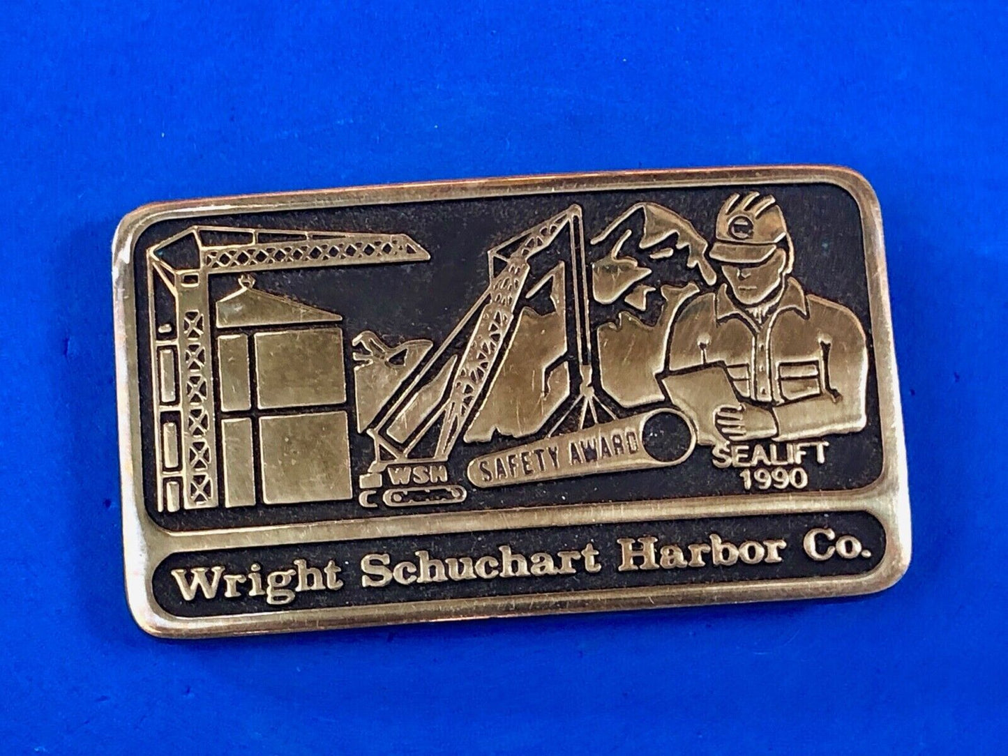 Vintage 1990 hand made solid brass Wright Schuchart Harbor Co promo Belt Buckle