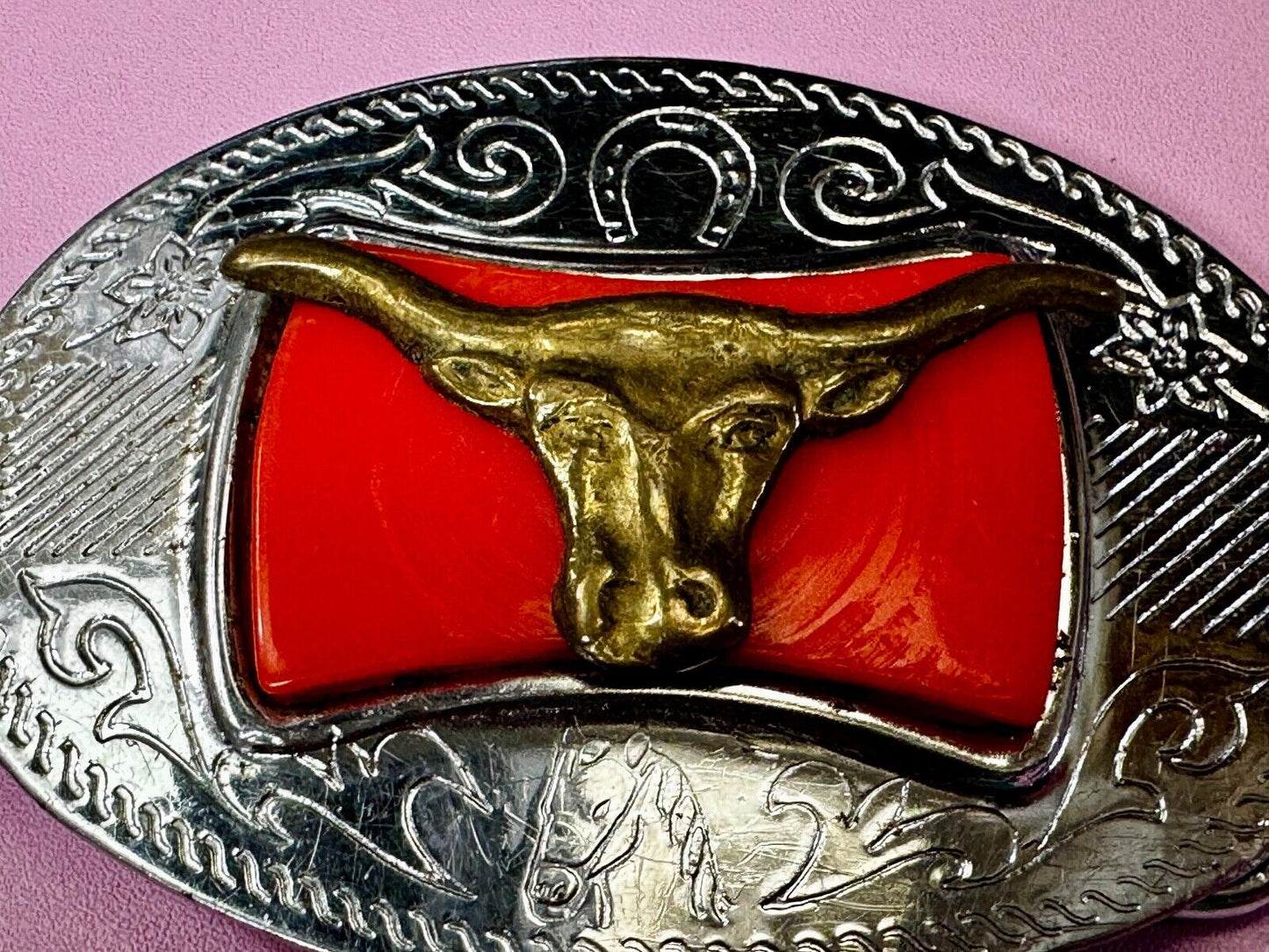 Texas Longhorn Cattle Bull Orange Enamel Backed Western Style Belt Buckle