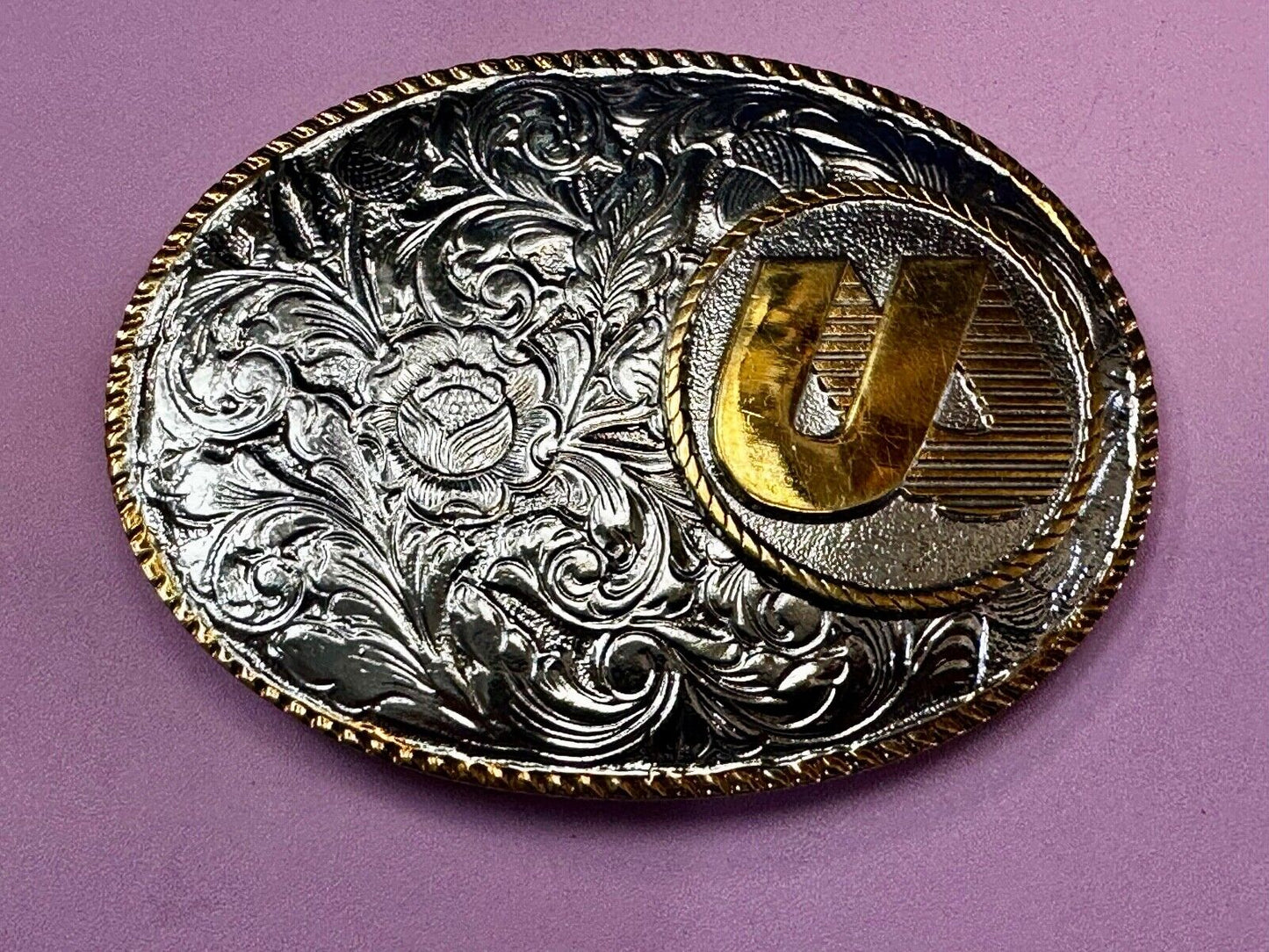 UA Company Logo Floral Flower Design Gold & Silver Tone Vintage Belt Buckle