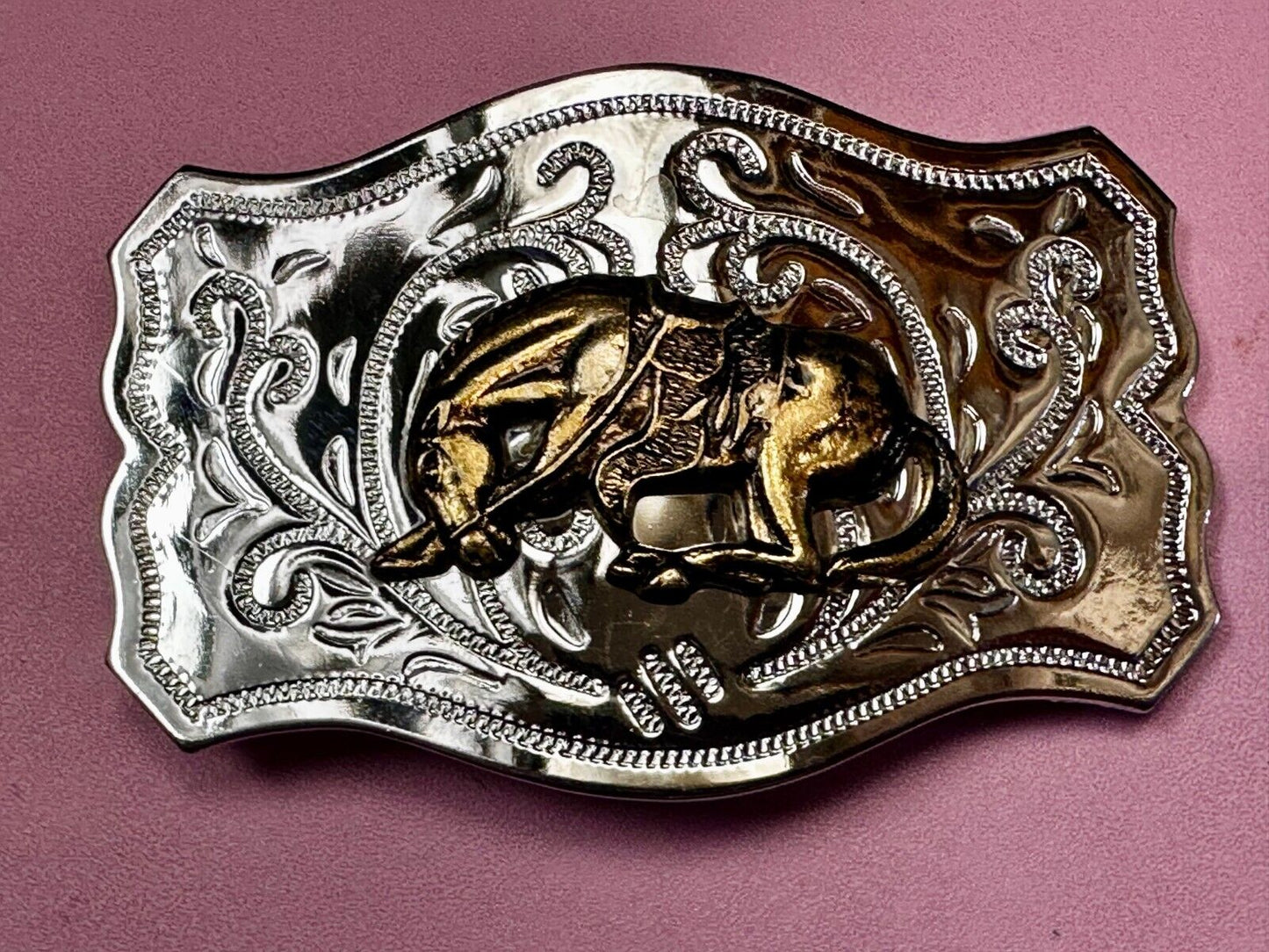 Vintage Cowboy Saddle Bronc Bucking Horse Two tone Belt Buckle