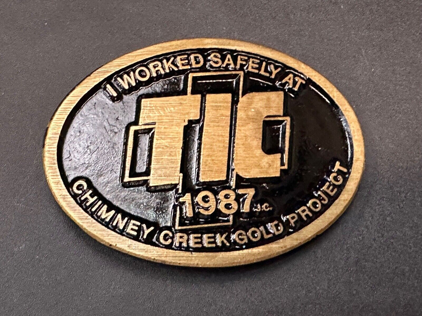 Vintage 1987 TIC Chimney Creek Gold Project Safety award brass belt buckle