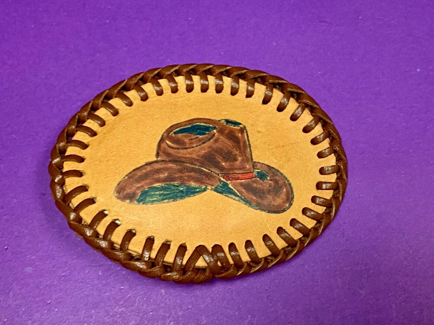 Vintage Cowboy Hat On Hand Stitched Leather Western Oval Belt Buckle