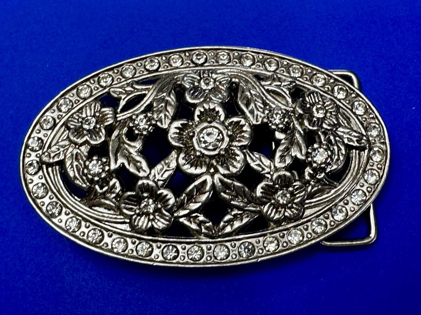 Swirl Flower Ornate Openwork Rhinestone Border Accent Silver Tone Belt Buckle