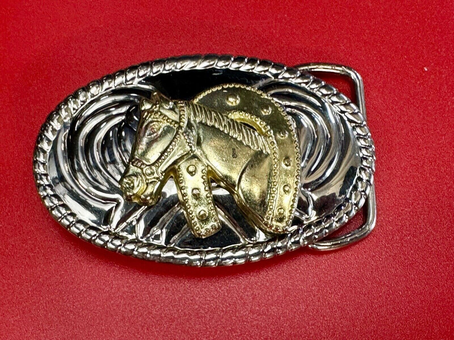 Beautiful NOS Horse head / lucky horseshoe - small two tone oval belt buckle