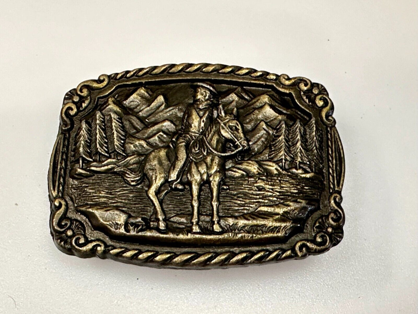 Tall in the Saddle Cowboy Horse Western Vintage Belt Buckle W/ Rope Boarder