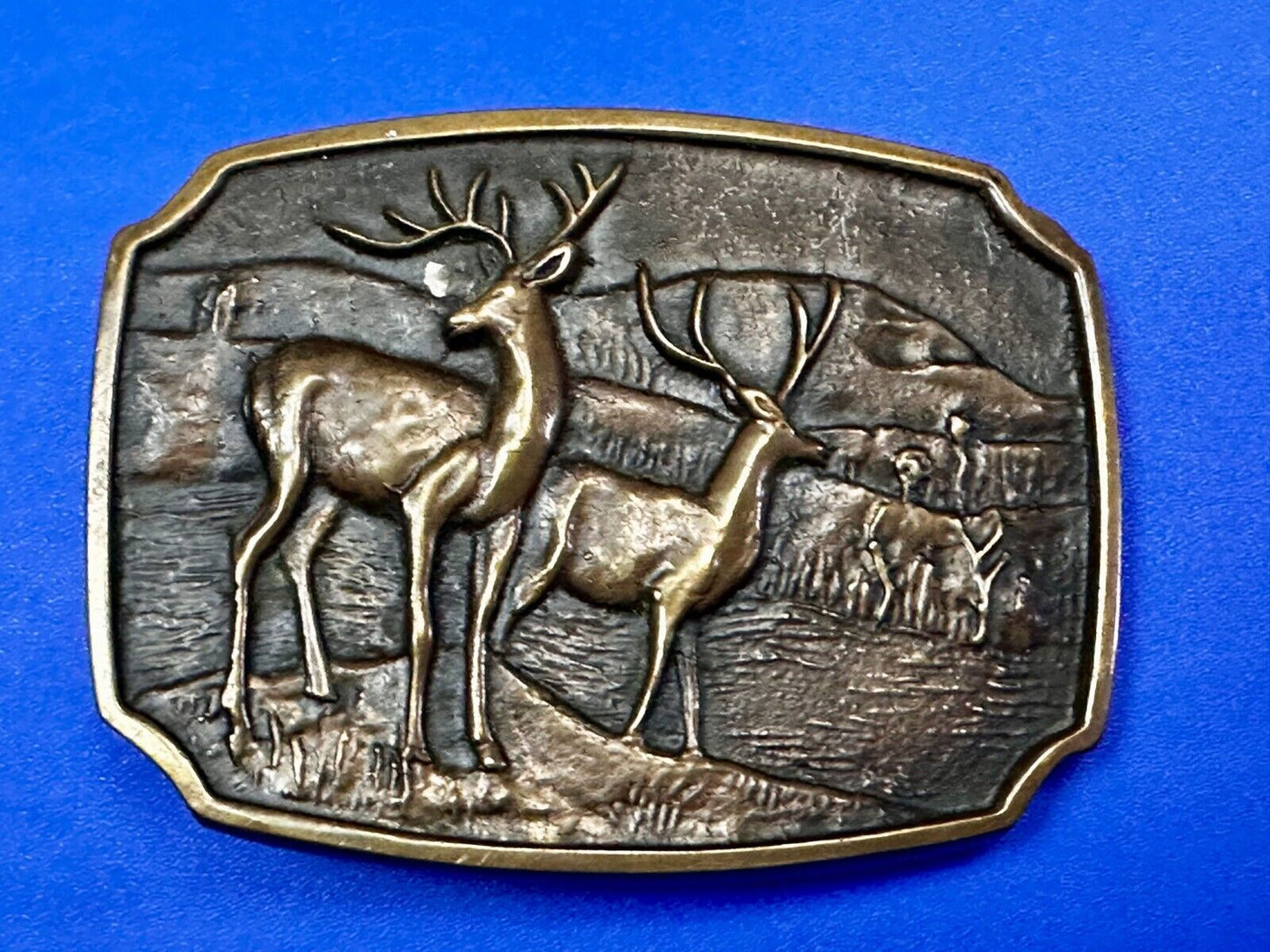 Vintage 1978 BTS Solid Brass Belt Buckle Deer Buck Running Wilderness Made USA