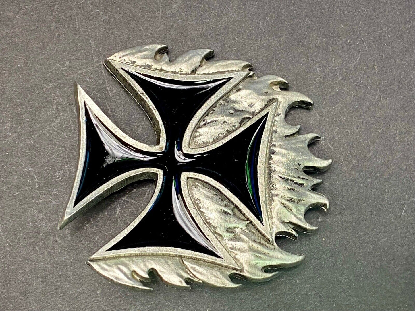 Black Enamel Maltese Cross w/ flames - NOS Monster belt buckle 2000 Mobtown USA