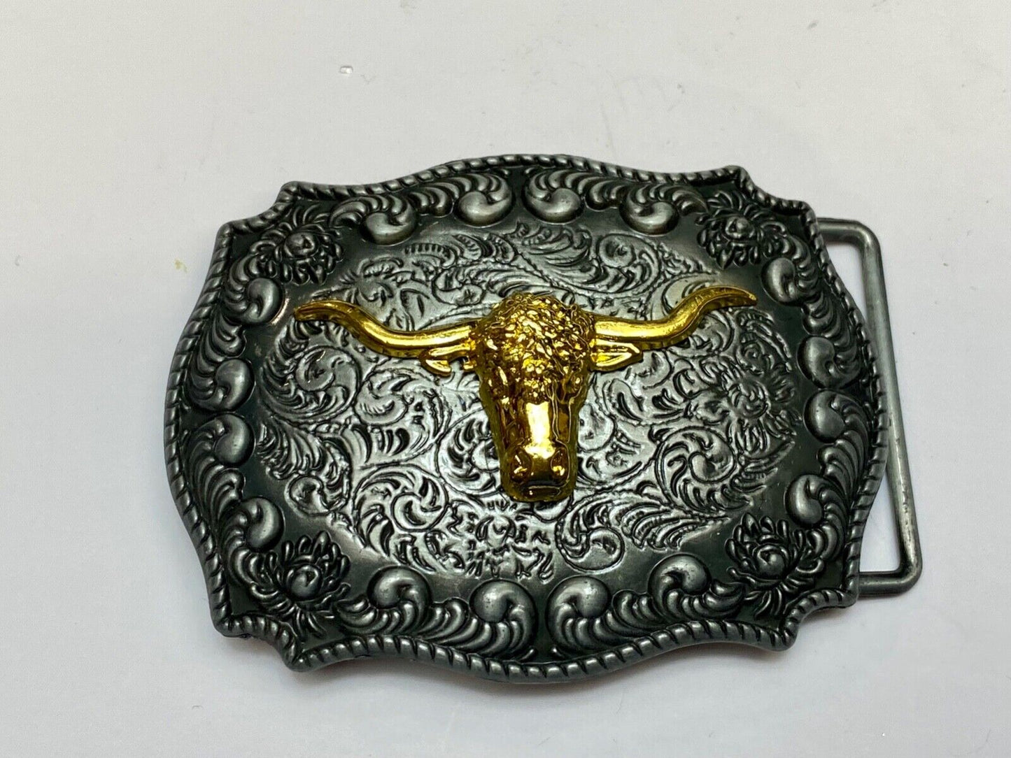 Texas longhorn western raised steer cow two tone 3.5" wide belt buckle