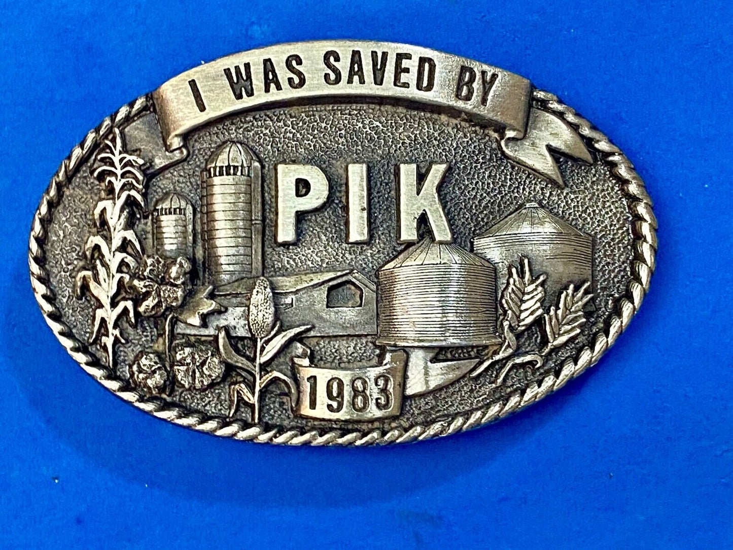 1983 "I Was Saved By PIK" Farm Agriculture Belt Buckle Iowa Premium & Supply Co