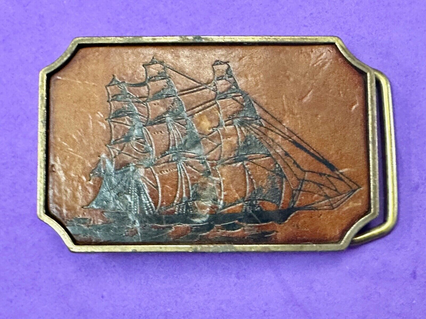 Three mast Sail Boat Ship Nautical theme leather and solid brass BTS belt buckle