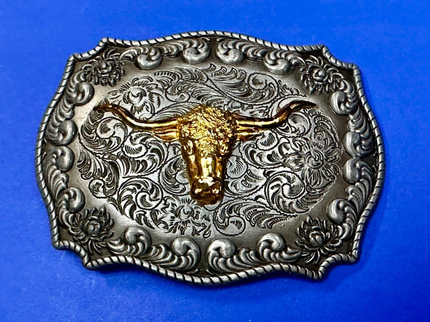 Texas Longhorn Rodeo Cowboys Steer Two Tone Belt Buckle by Jeans Friend