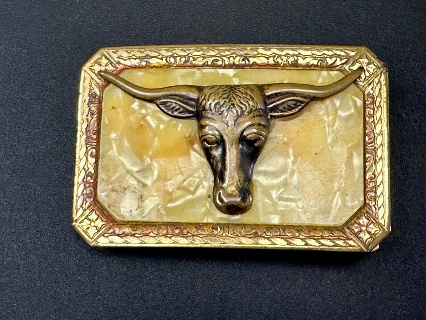 Texas Longhorn - Western Retro Yellow Color Swirl on gold tone Belt Buckle