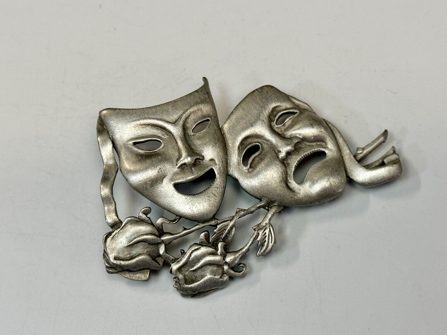 Theater Faces and Roses - Large JJ Signed silver tone vintage brooch pin