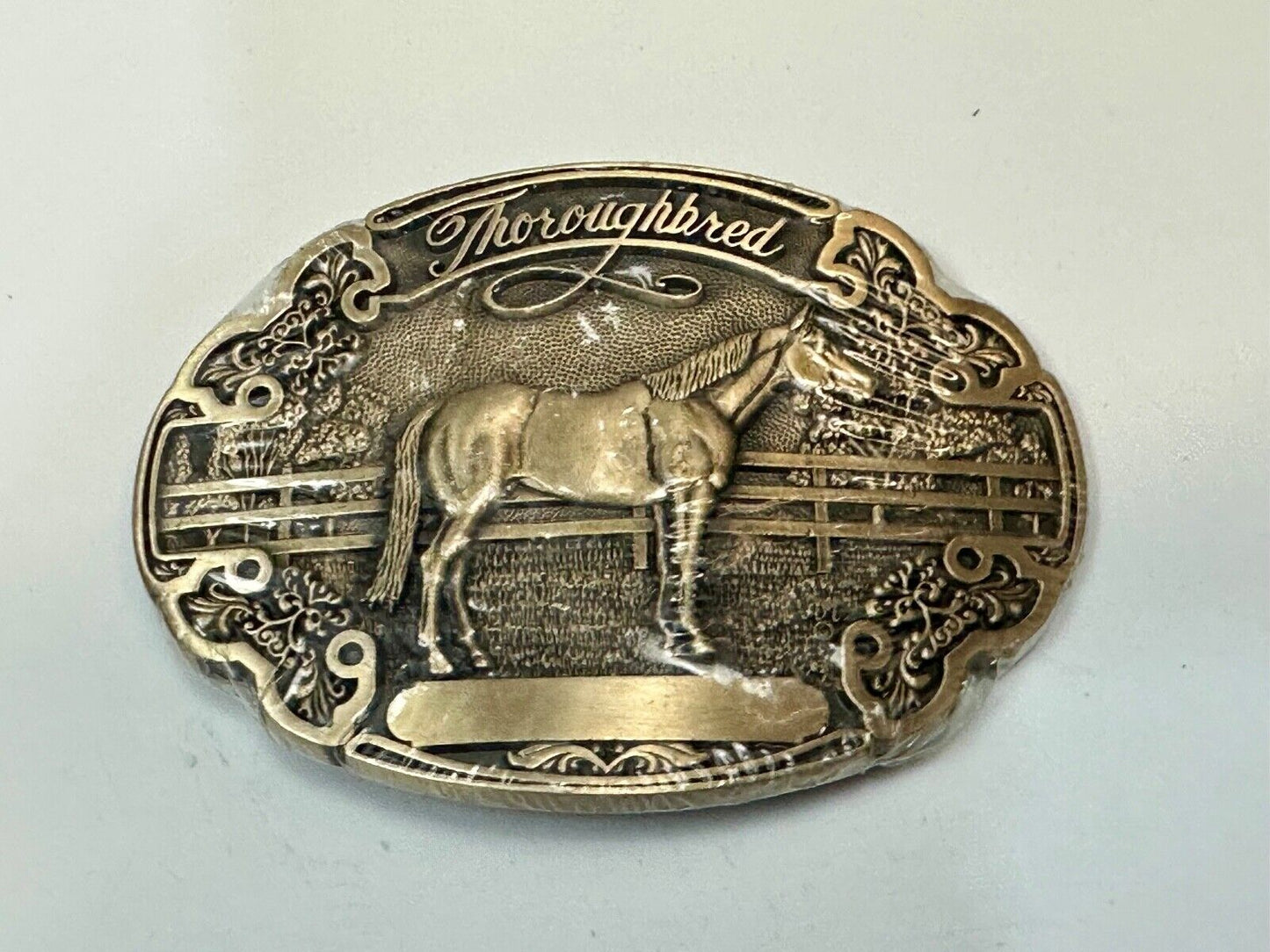 Thoroughbred Horse with Award Ribbon NOS Vintage ADM Solid Brass Belt Buckle