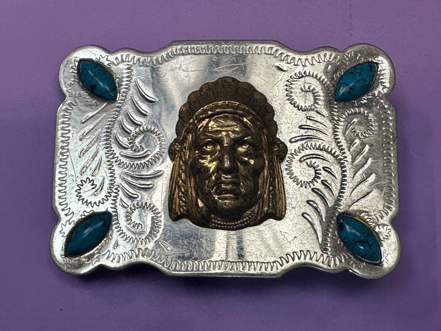 3D Native American Indian Chief & Turquoise stones Nickel Silver Vtg Belt Buckle