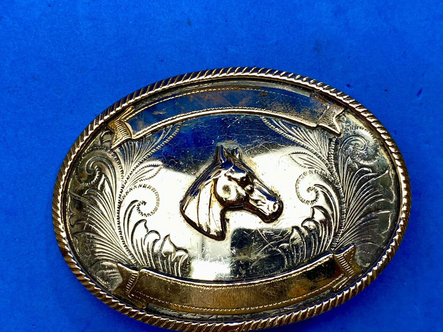 Beautiful Belt Buckle - Horse head bust made of German Silver with award scroll