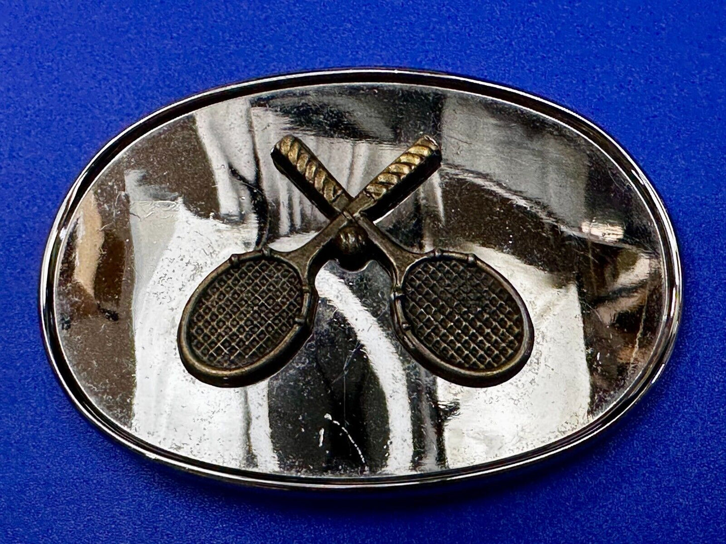 Tennis Racquet's Sports Fan's Vintage Two Tone Reflective Oval Belt Buckle