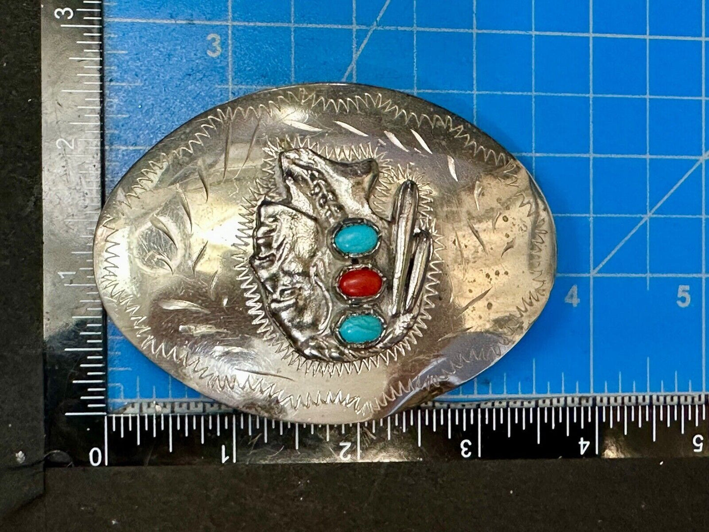 Artisan Native American Indian Bust Belt Buckle Faux Turquoise & coral accents