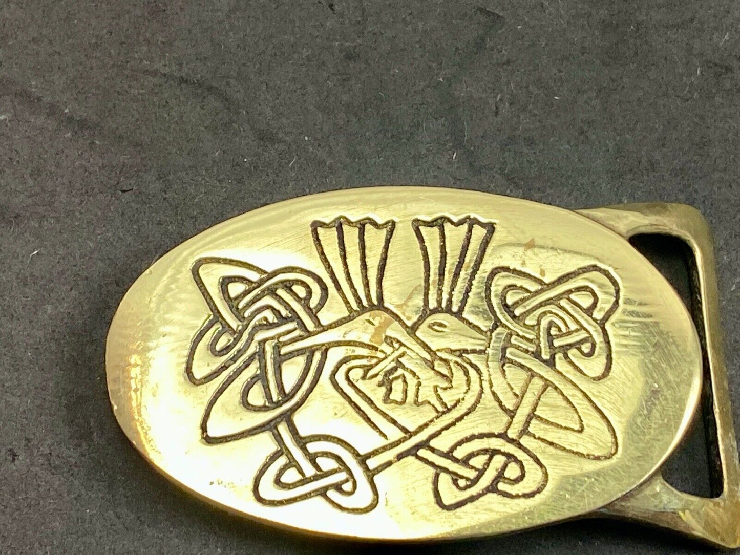 Vintage artisan solid brass belt buckle drawing of two doves Love birds