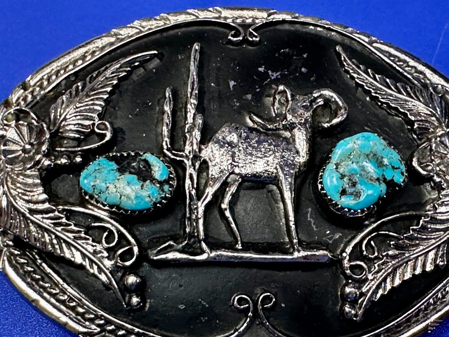 Bighorn Sheep Ram Mountain Goat Turquoise Stone Flower Leaf Western Belt Buckle
