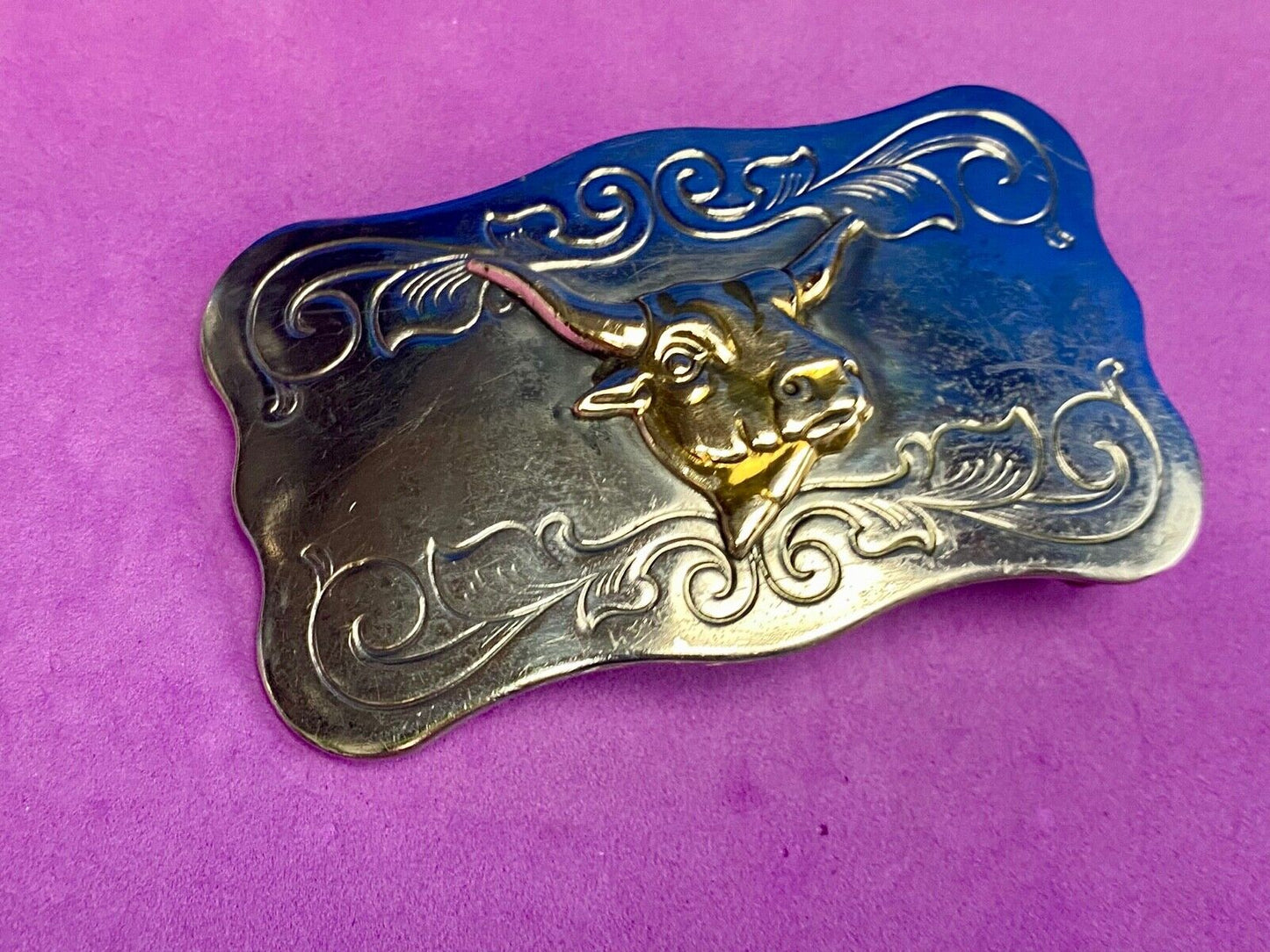 Vintage Chaimbers Nickel Silver Cow Steer Head bust belt buckle