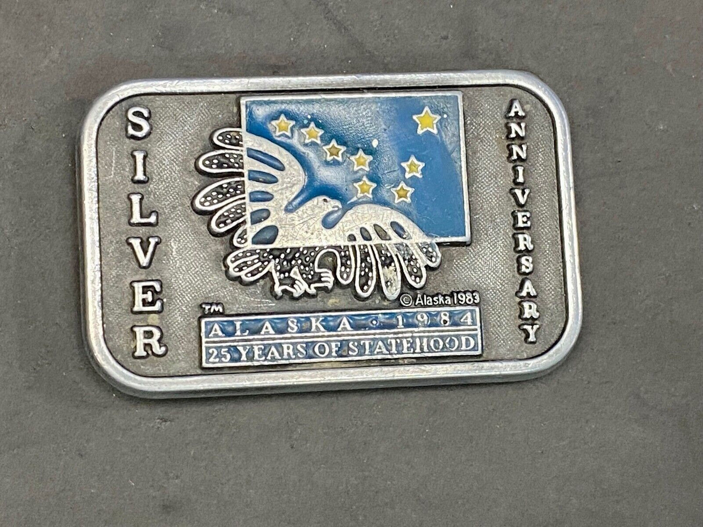 Vintage 1983 Alaska State, Silver Anniversary 25 Years Of Statehood belt buckle