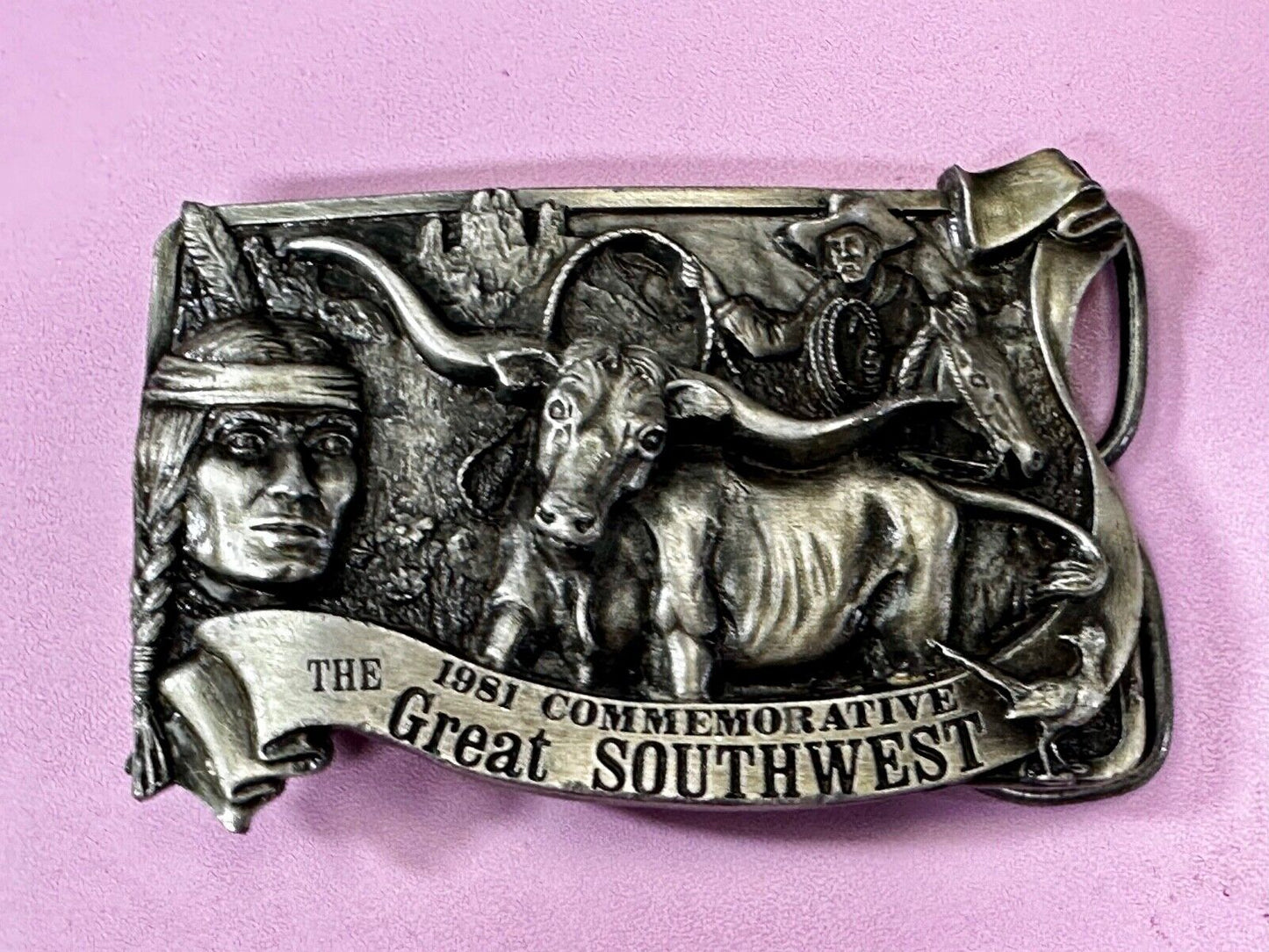 The Great Southwest Navajo Indian Hunter Commemorative Vintage 1981 Belt Buckle
