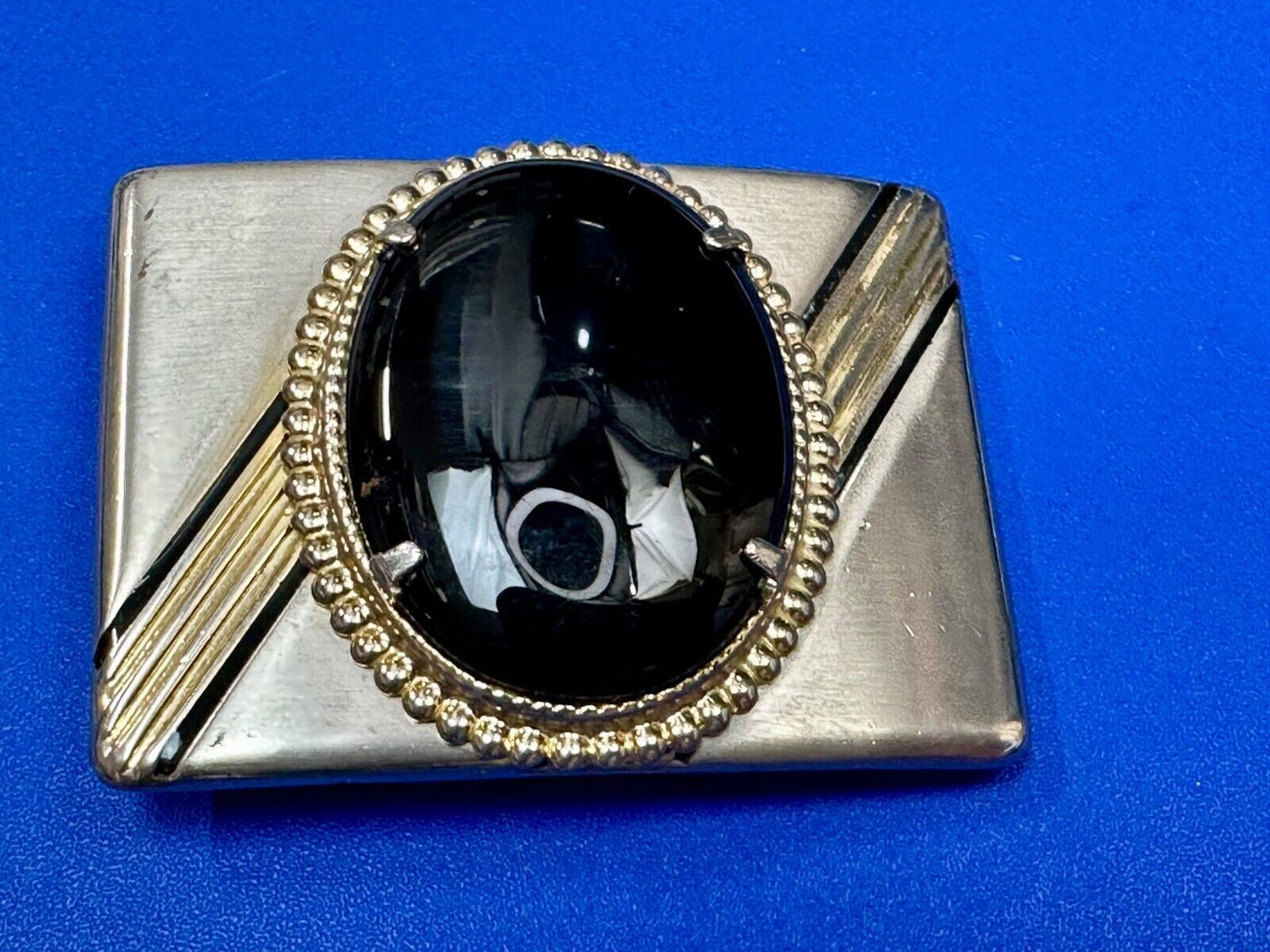 BALCK AGATE Cabochon Stone Centerpiece on retro sideways striped Belt Buckle