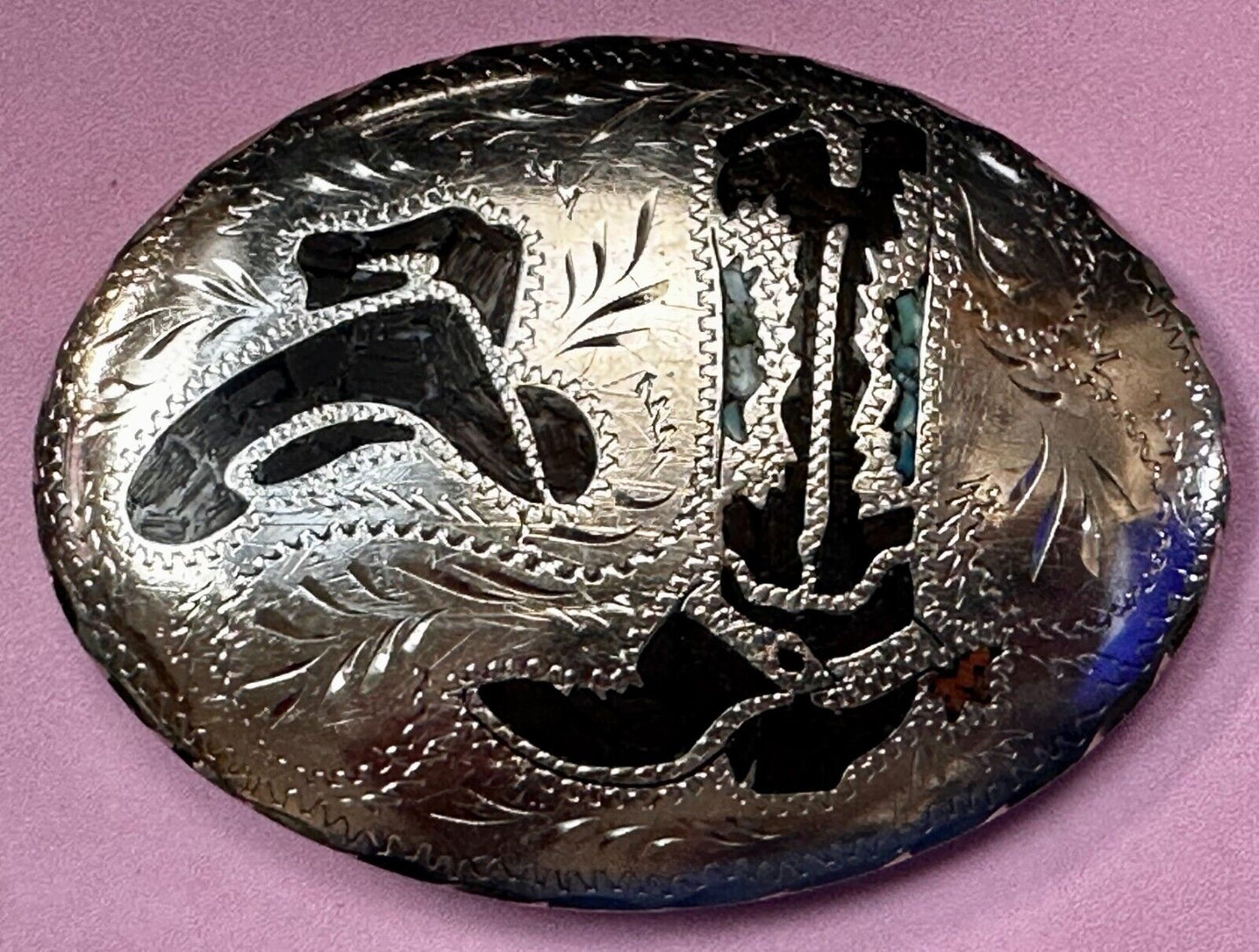 Turquoise & Coral Inlay Western Cowboy Hat Boots Large Native? Art Belt Buckle