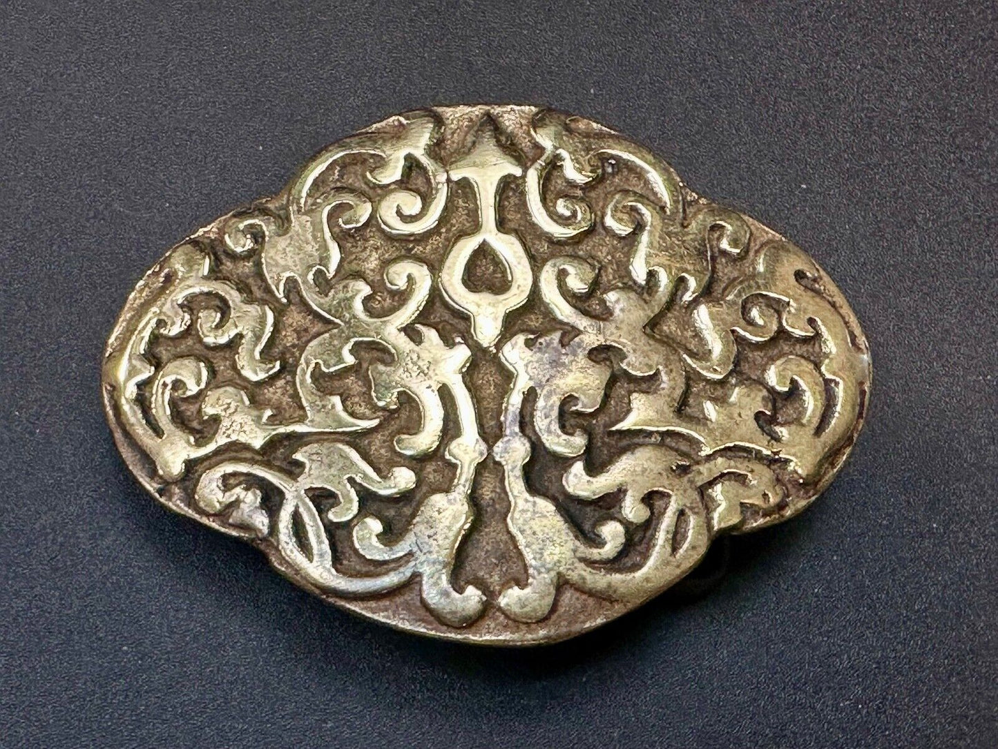 Vintage Hippie Hobo style curved swirl pattern cross solid brass belt buckle