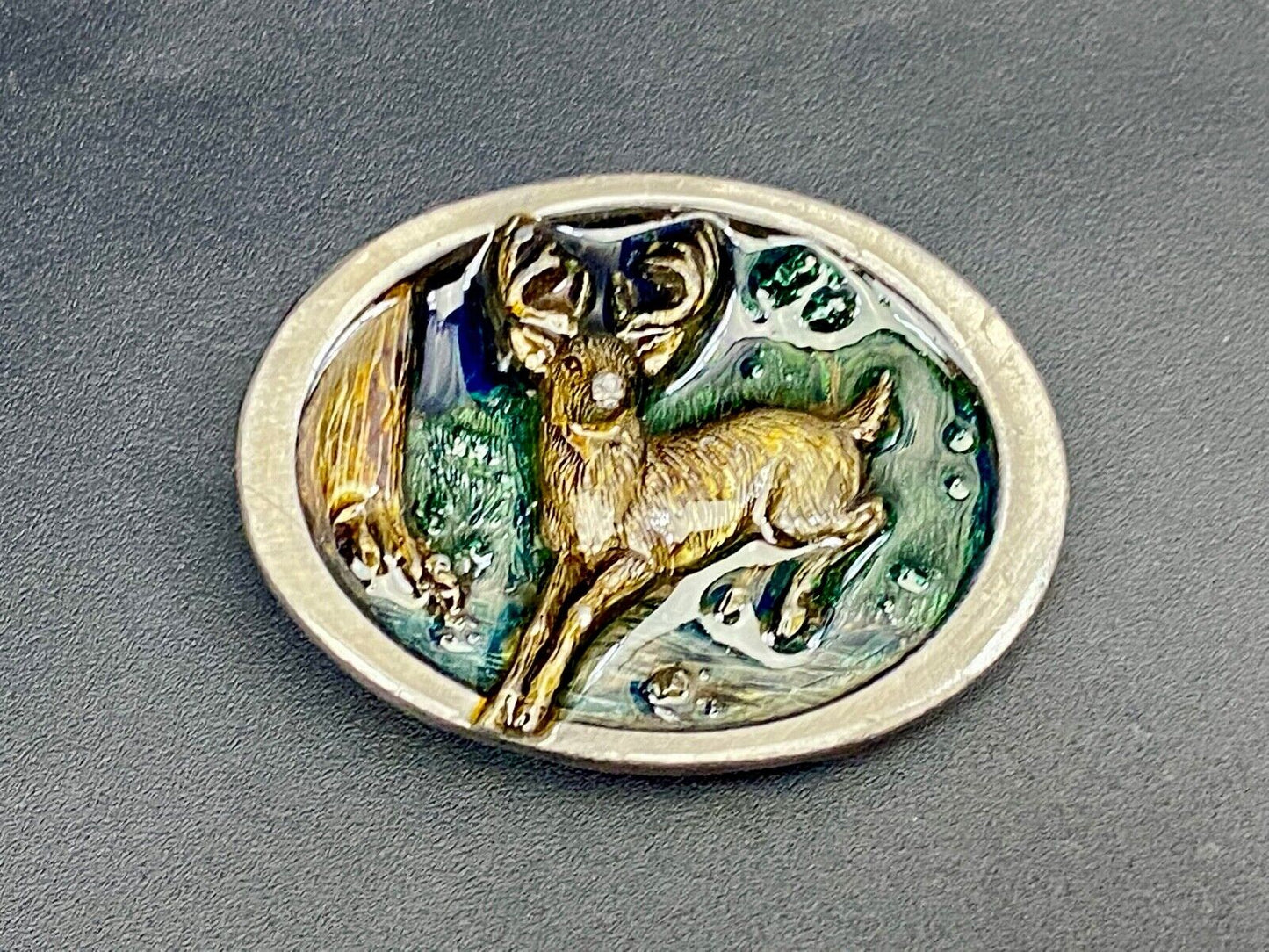 Vintage 1986 C+J Running Jumping Deer In Nature Belt Buckle