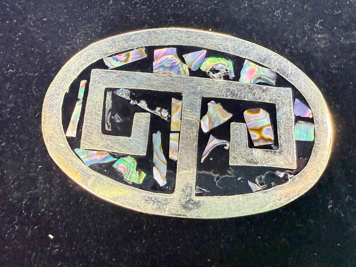 Vintage Alpaca Mexico Silver Tone Abalone Shell Pattern Oval Belt Buckle