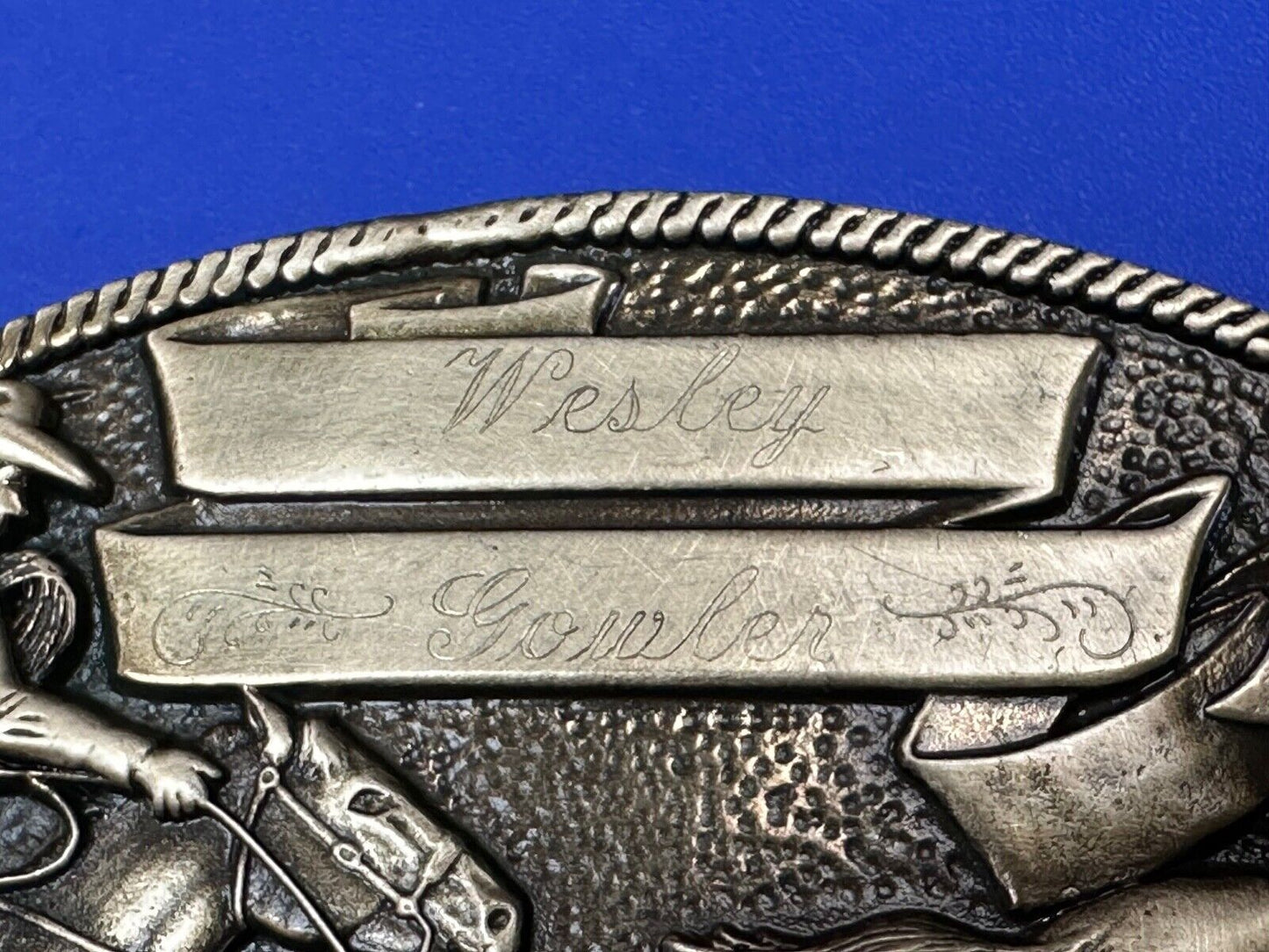 The Cattle Drive Western Rodeo Cowboys engraved award ribbon scroll belt buckle