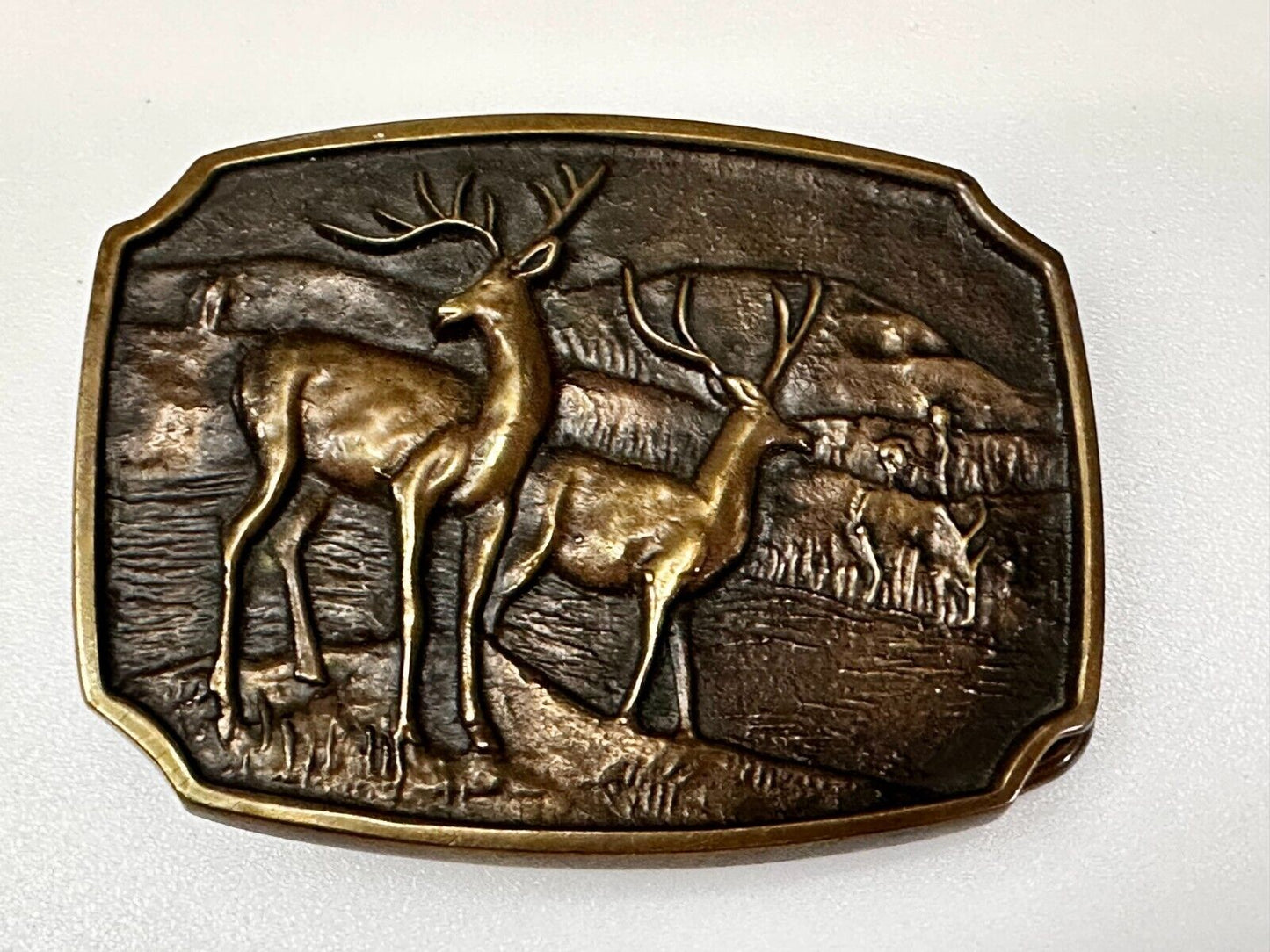 Vintage 1978 BTS Solid Brass Belt Buckle Deer Buck Running Wilderness Made USA