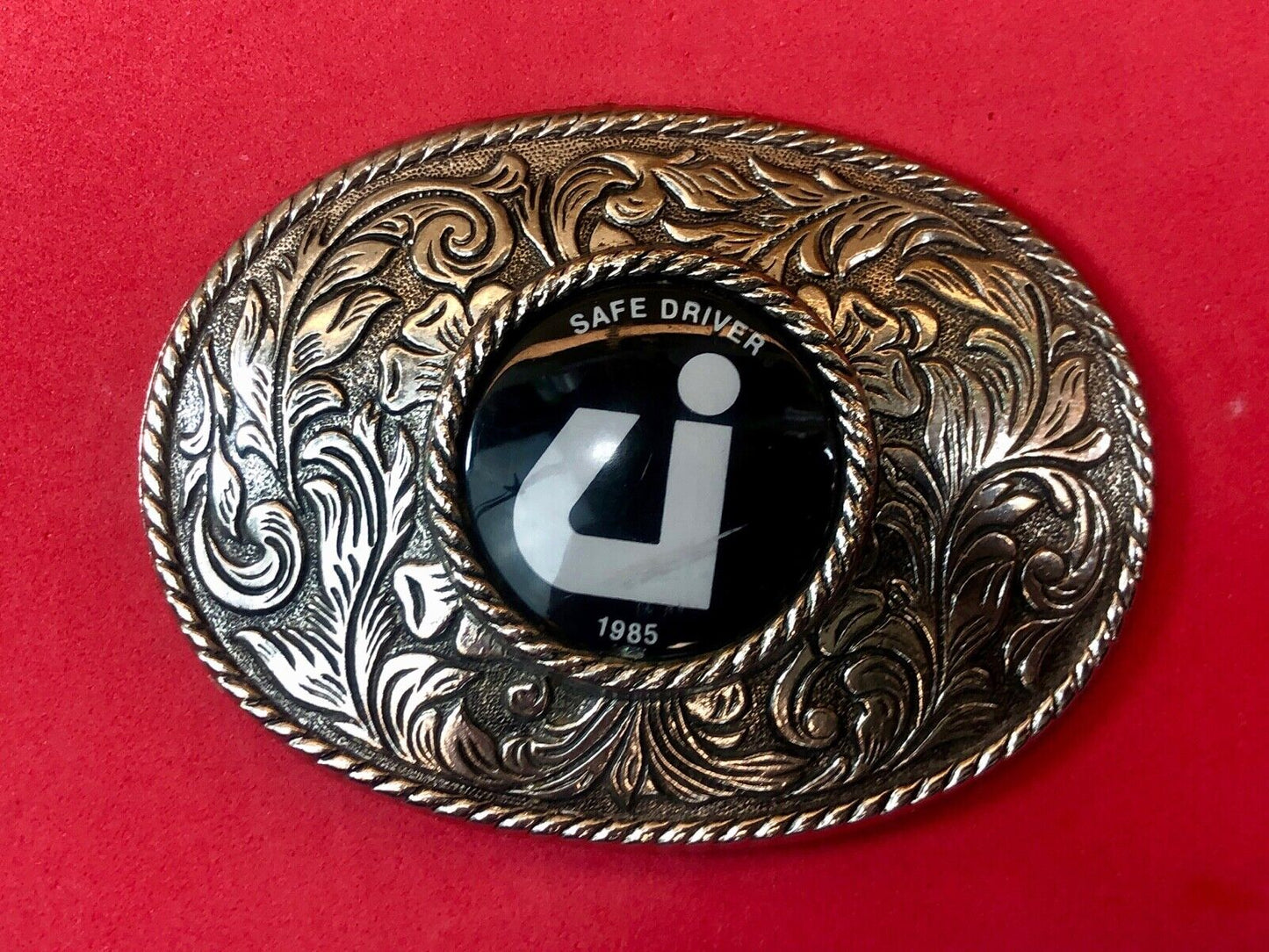 Vintage 1985 Safe Driver Award Silver Tone Western Centerpiece Belt Buckle