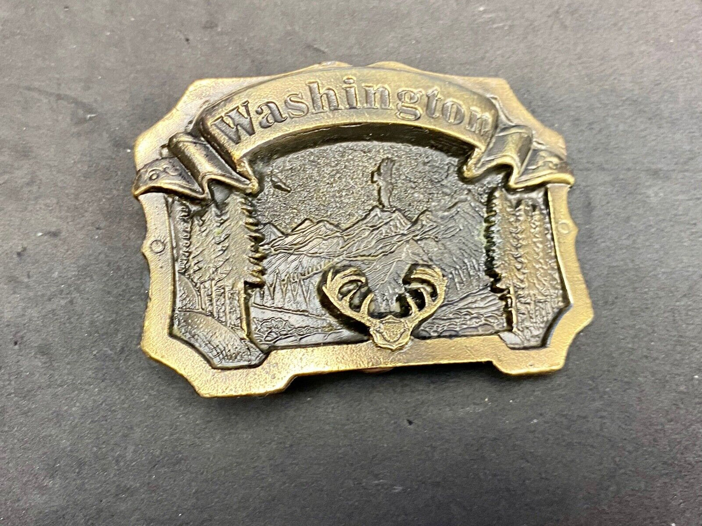 Vintage 1980 The State Of Washington, Deer In Pine Tree Forrest Belt Buckle