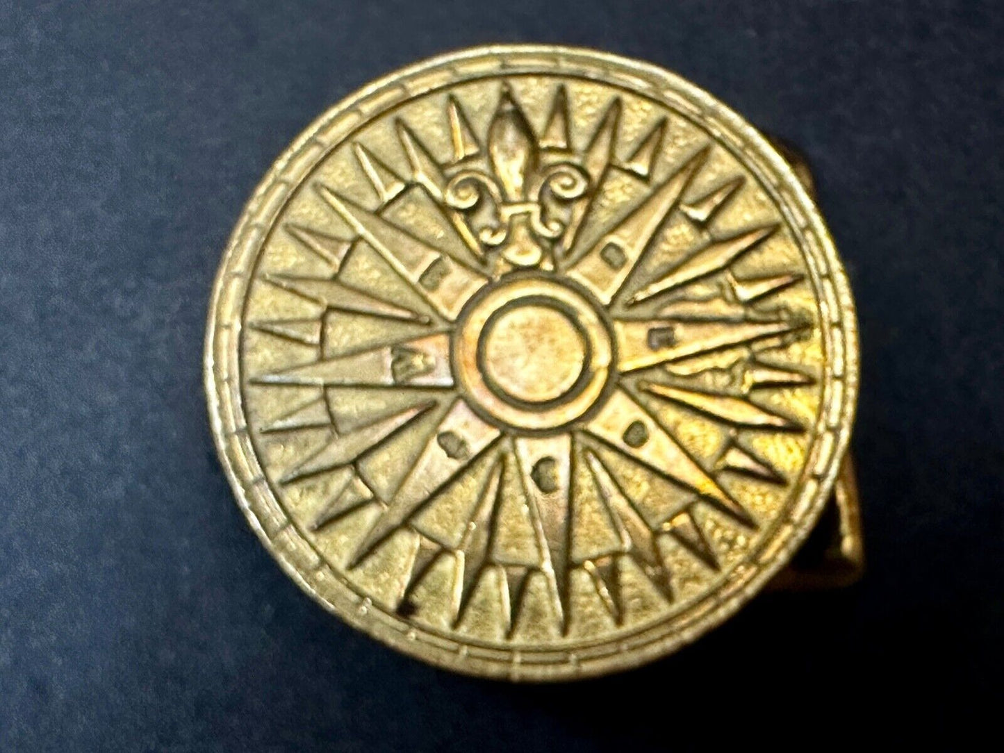 Artist Signed Fleur De Lis Compass Sun Dial Hippie Boho Solid Brass Belt Buckle