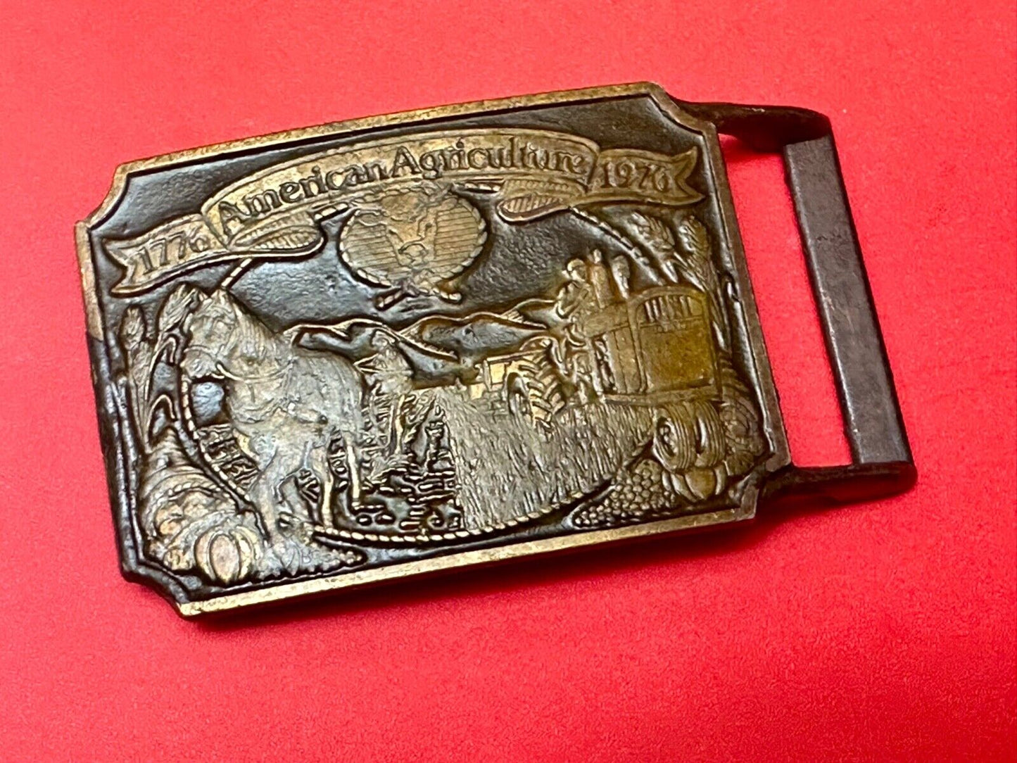 Bicentennial American Agriculture Horse to tractor, Vtg belt buckle by Ortho