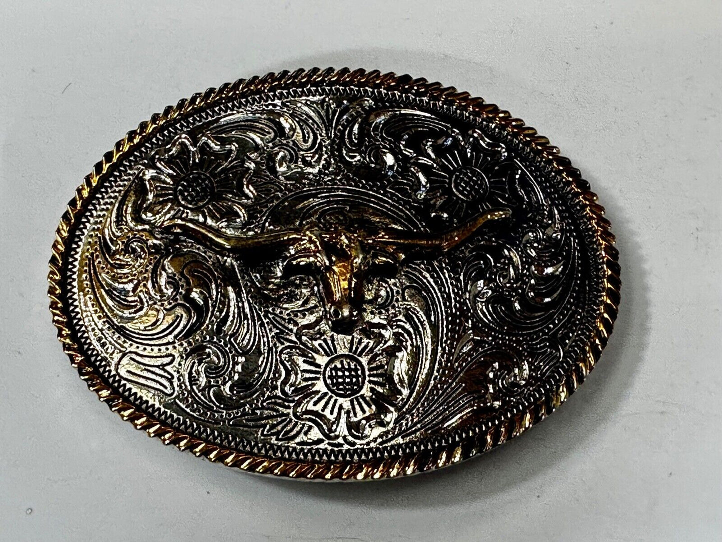 Texas Longhorn Steer Bull Ornate Two-Tone Vintage Oval Belt Buckle