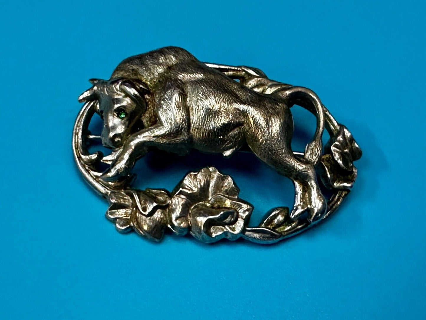 Taurus Bull 2" Wide Green Eyes -9 25 Sterling Silver Vintage Brooch by Otis