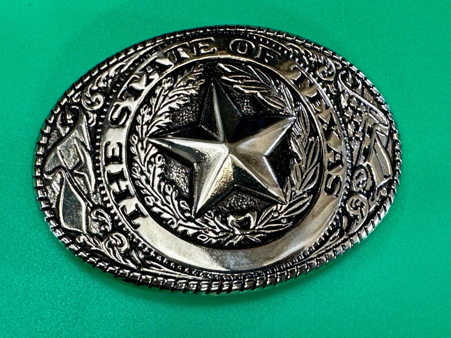 The Great State of Texas - Lone Star Flags seal silver tone NOS belt buckle