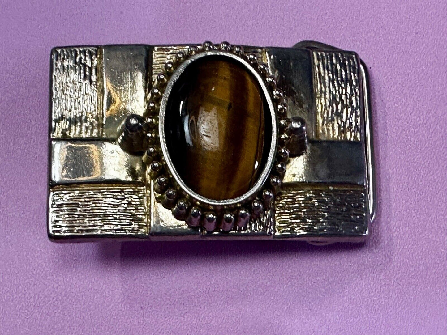 Tigers Eye Cabochon Stone Centerpiece on Western gold tone box theme Belt Buckle