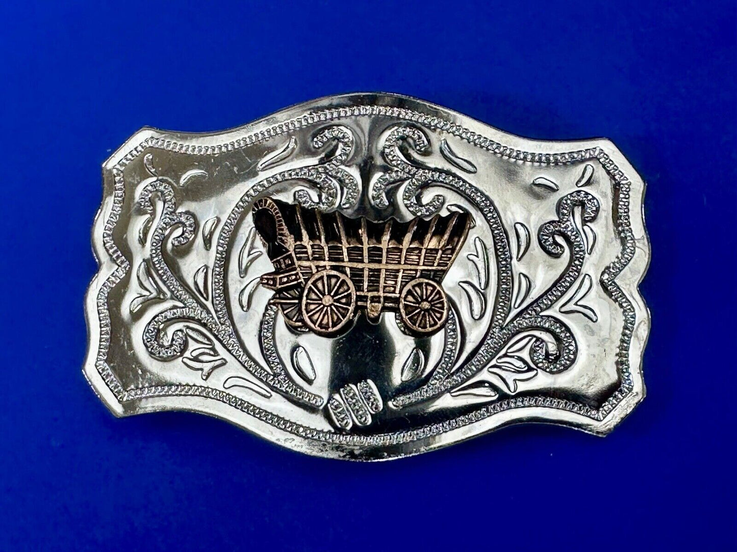 Vintage Covered Wagon - western two tone outlined ornate belt buckle