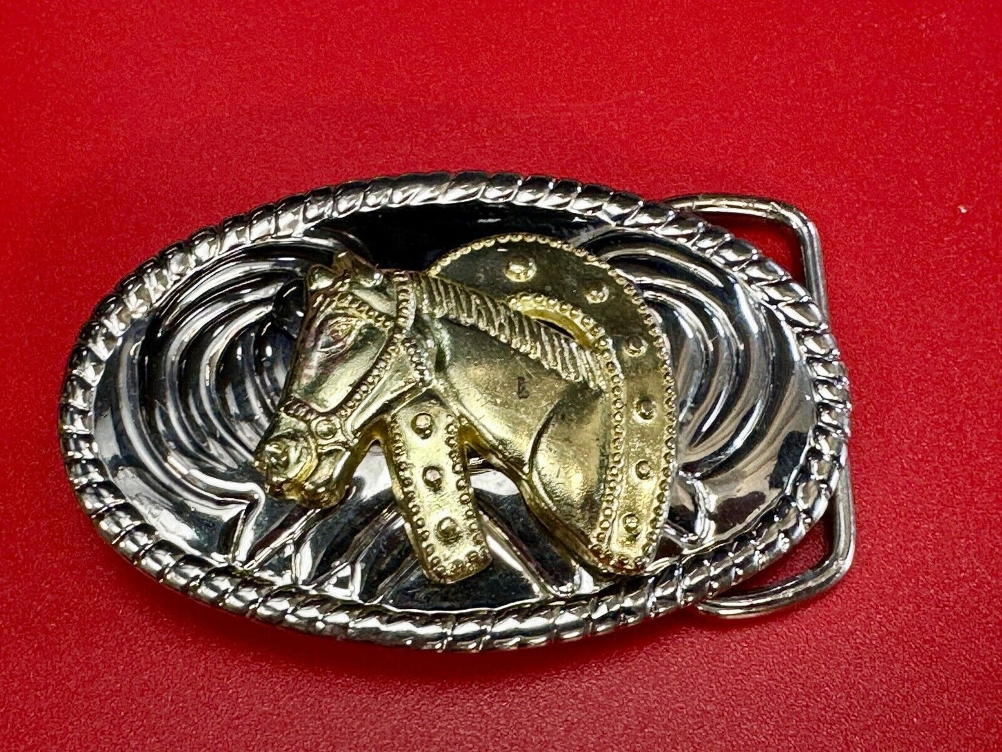 Beautiful NOS Horse head / lucky horseshoe - small two tone oval belt buckle
