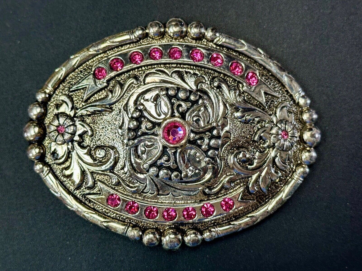 Authentic Silver plated pewter belt buckle with cowgirls girly pink rhinestones!