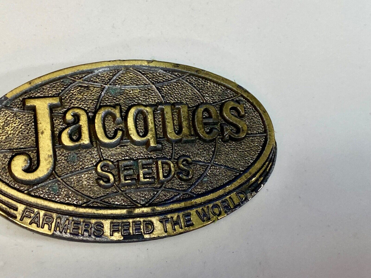 Vintage 1977 Jacques Seeds Farmers Feed The World Brass Tone Belt Buckle