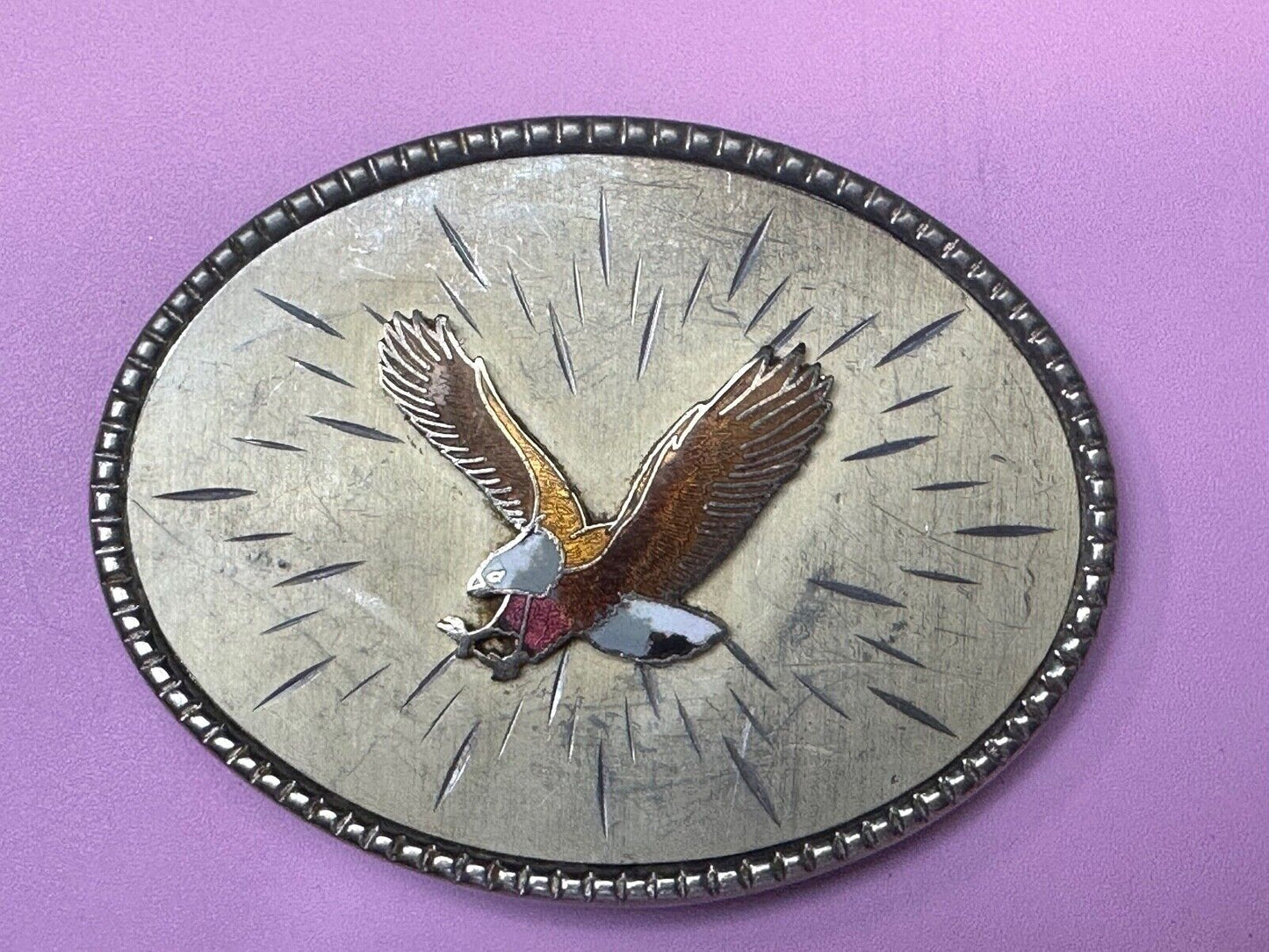Vintage EAGLE flying High western etched Burst Pattern belt buckle Marked Taiwan